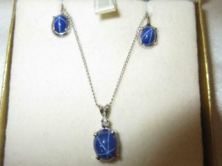 Vtg 50s 14k White Gold Natural Blue Star Sapphire Pendant Necklace Earrings Set