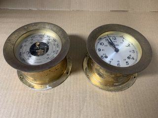 Vintage 5 1/2” Chelsea Ship’s Bell Clock And Barometer Set Brass