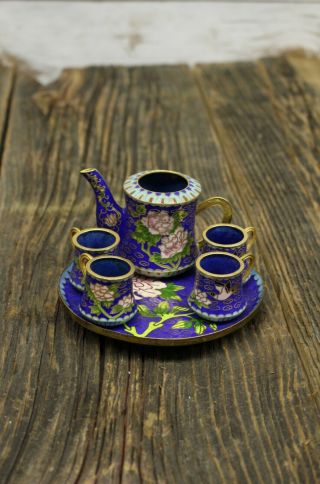 Vintage Chinese Miniature 6 Piece Tea Set Cloisonne Cobalt Blue Floral Design