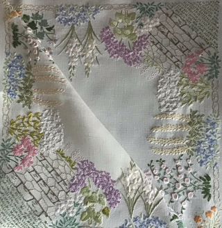 Exceptional Vintage Linen Hand Embroidered Tablecloth Stunning Floral Gardens