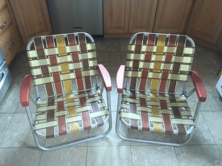 Vintage Pair Aluminum Webbed Folding Low Beach Lawn Pool Chair Brown Yellow Old