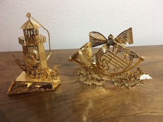 Danbury 1997 French Horn & 1998 North Pole Lighthouse Gold - Plated Ornaments