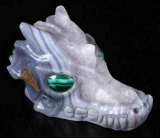 5.  2 " Gray & White Agate Carved Crystal Dragon Skull,  Malachite Eyes,  Healing