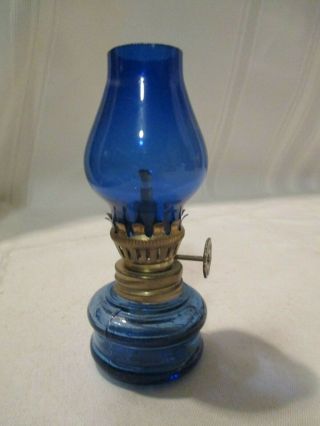 Vintage Small Cobalt Blue Glass Oil Lamp Made In Hong Kong Collectible Mini 4 "