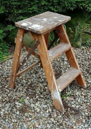 Antique / Vintage Wooden Stool Small Steps Library Ladders Folding Kitchen