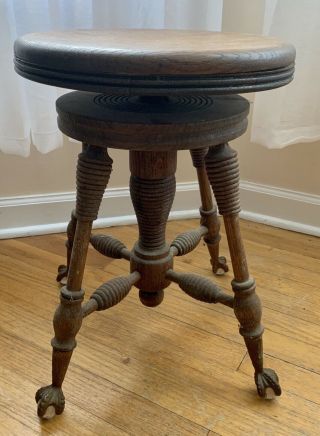 Antique Claw Foot Round Piano Stool Glass Ball Iron Feet Oak Wood