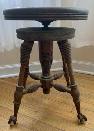 ANTIQUE CLAW FOOT ROUND PIANO STOOL GLASS BALL IRON FEET OAK WOOD 2