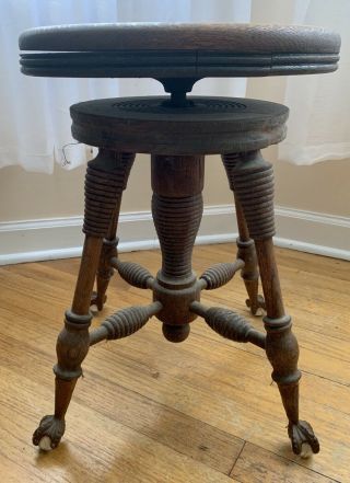 ANTIQUE CLAW FOOT ROUND PIANO STOOL GLASS BALL IRON FEET OAK WOOD 3