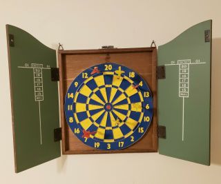 Vintage Wall Hanging Dart Board In Wooden Cabinet - Wwi Airplane Battle With Darts