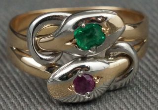 Rare Vintage 2 Tone Solid 14k Gold,  Emerald & Ruby Double Snake Head Estate Ring