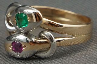 Rare Vintage 2 Tone Solid 14K Gold,  Emerald & Ruby Double Snake Head Estate Ring 3