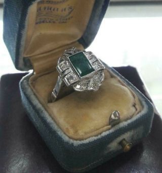 Vintage Antique Deco 1.  8 Carat Emerald Diamond Cocktail Palladium Ring Size 7