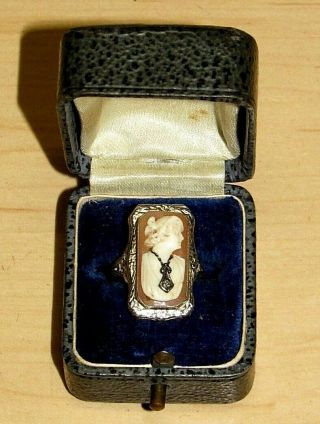 Antique Victorian Shell Cameo W Diamond Locket Ring Signed 14k White Gold Sz 6