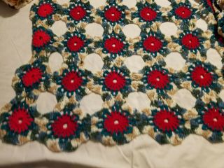 Afghan Hand Crocheted Blanket Aprox 58 " By58 " Red,  Green Floral Pattern