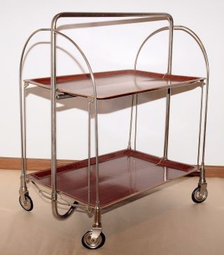 Serving Table Mid - Century Modern Folding Tea Cart Chrome Plywood Bauhaus Style