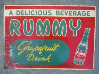 Old Vintage 1940s Rummy Grapefruit Soda Water Embossed Tin Sign