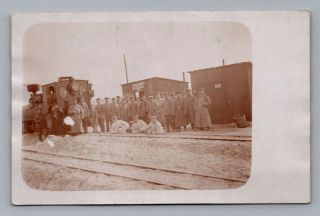 Ww1 Antique German Real Photo Rppc Postcard Soldiers At Railroad Train Yard