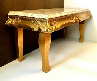 Vintage Ornate Bench Table Marble Top W/ Gilded Gold Wood Frame