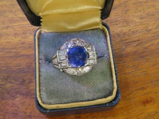 Vintage Palladium Art Deco Neon Blue Ceylon 1.  50 No Heat Sapphire Diamond Ring
