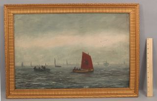 19thc Signed Antique Scottish Fishing Boat Harbor Seascape Oil Painting,  Nr