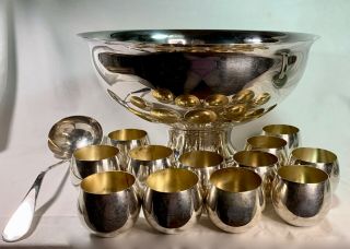 Vintage Sheffield Silver Plated Punch Bowl Set With 12 Cups And Ladle