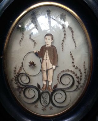 Wow Antique Victorian Hair Art Picture Boy Hoop Toy Photo Mourning Memento Mori