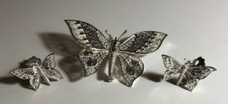 Vintage Filigree Butterfly Brooch Pin W/ Matching Earrings Fine Sterling Silver