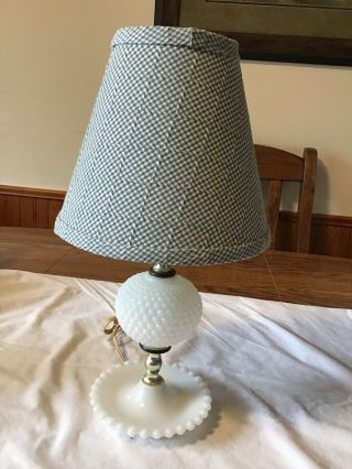 Vintage Hobnail Milk Glass Table Lamp With Shade,  Small 15”