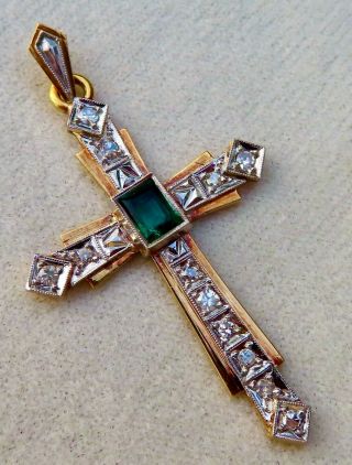 Antique Victorian 18k Gold & Platinum Mine Cut Diamond & Emerald Cross Pendant