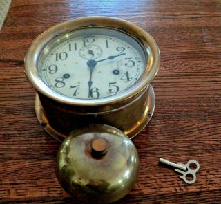 Rare Antique Brass Seth Thomas Ships Clock W/ Ext.  Bell Runs Well W/key