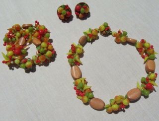 Vtg West Germany Early Plastic Fruit Salad Wood Bead Necklace Earrings Bracelet