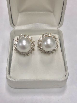 2.  25 Ctw Vs Marquise Diamonds 11 Mm Pearl Halo Cocktail Earrings 14k Yellow Gold