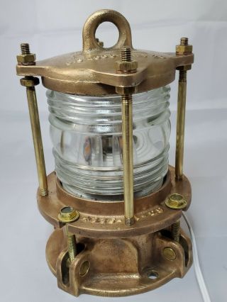 Vintage Heavy Brass Marine Piling Light Lantern W/ Clear Fresnel Glass 4335 L 29