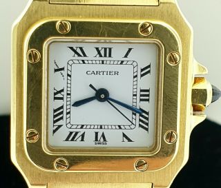 CARTIER SANTOS SOLID 18K YELLOW GOLD 24742 WHITE ROMAN DIAL 24MM LADY ' S WATCH 2
