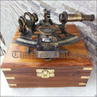 Nautical Brass Collectible Antique German Marine Sextant W/ Wooden Box