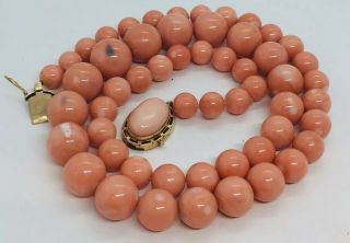 Vintage Pink Red Coral 14k Yellow Gold Clasp Graduates Beaded Necklace 171.  6g