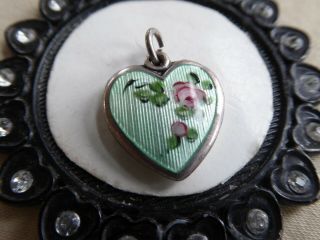 Vtg Sterling Green Guilloche Enamel Puffy Heart Charm By Lampl Pink Rose