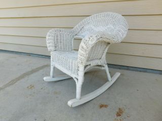 Vtg Antique Wicker Child Rocking Chair Hand Woven Detail White Rocker Very Good