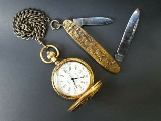 Vintage Arnex Quartz Pocket Watch And Knife Chain Elk Deer Floral