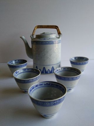 1 Teapot Rice Grain Blue & White Porcelain Holds 5 Cups.  Include 5 Tea Cups.