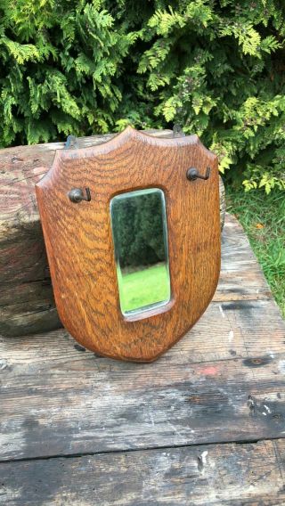 Antique Vintage Wooden Hall Mirror Shield With Brush Hooks