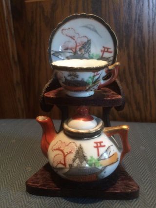 Vintage 3 Piece Mini Tea Set With Wooden Holder Japan