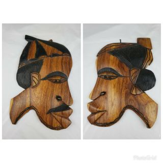 Hand Carved Wood Faces Wall Hangers African Man And Woman Decor