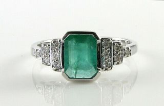 Large 9k 9ct White Gold Colombian Emerald Diamond Art Deco Ins Ring Resize