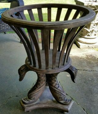 Vintage Antique Wood Ornate Plant Table Stand 28 " Tall X 19 " Koi Fish Carvings
