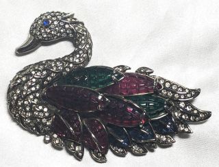 Rare & Enormous Coro Craft Figural Swan Brooch W/rhinestones & Unique " Feathers "