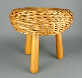 Fine Vintage 1950s French Wicker Milking Stool In Style Of Charlotte Perriand