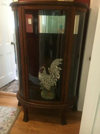 Antique Tiger Oak Curio Display Cabinet Curved Glass,  No Shelves