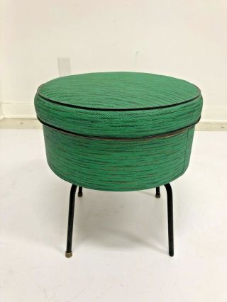 Vintage Green Hassock Foot Stool Mid Century Modern Sewing Storage 1950s Ottoman