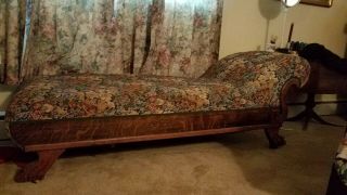 Vintage Antique Oak Fainting Couch Sofa Upholstery W Carved Wooden Legs